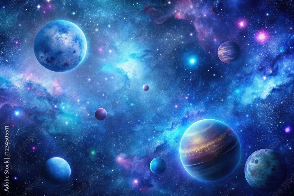Deep space background with stars, planets, and galaxies in shades of blue and purple, dark sky, universe, starry night Deep space background with stars, planets, and galaxies in shades of blue and purple, dark sky, universe, starry night