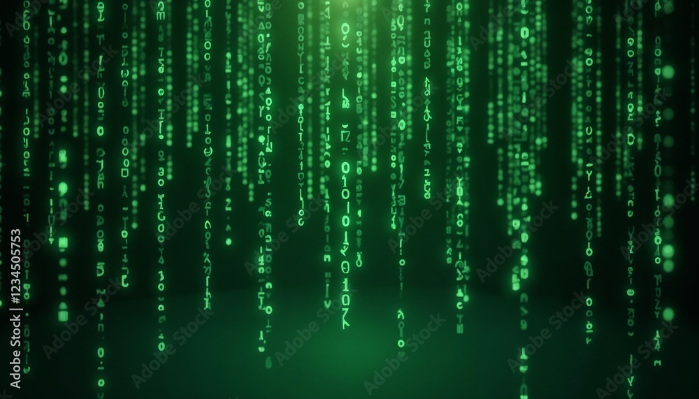 Endless rows of mathematical digits cascading downward in a glowing digital rain effect, set against a dark green background, bright and modern design Endless rows of mathematical digits cascading downward in a glowing digital rain effect, set against a dark green background, bright and modern design