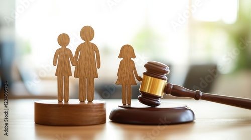 Family Law Concept: Wooden figurines representing a family stand beside a judge's gavel, symbolizing family law, custody, or legal proceedings related to family matters. photo