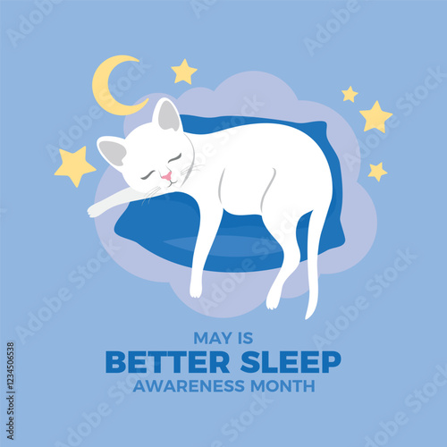 May is Better Sleep Awareness Month poster vector illustration. Cute white cat sleeping on a blue pillow icon vector. Adorable domestic cat relaxing on a pillow cartoon. Template for card, banner