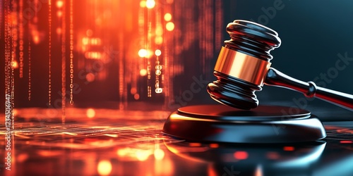 Gavel of Justice: A judge's gavel rests on its block, reflecting the dramatic, fiery background. The image symbolizes justice, law, and legal proceedings.