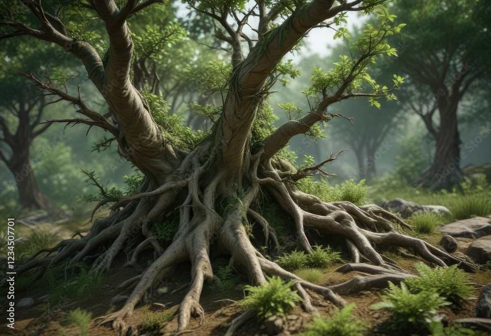 Dense green bush with sharp thorns and twisted roots, defensive roots, thorny vegetation Dense green bush with sharp thorns and twisted roots, defensive roots, thorny vegetation
