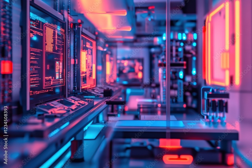Futuristic Data Center Interior with High-Tech Screens and Lights Futuristic Data Center Interior with High-Tech Screens and Lights