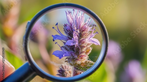 Magnifying glass examining purple flower, field background, botany study