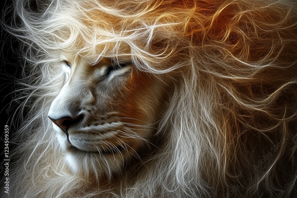 Naklejka premium Majestic Lion Portrait with Flowing Mane and Intense Expression