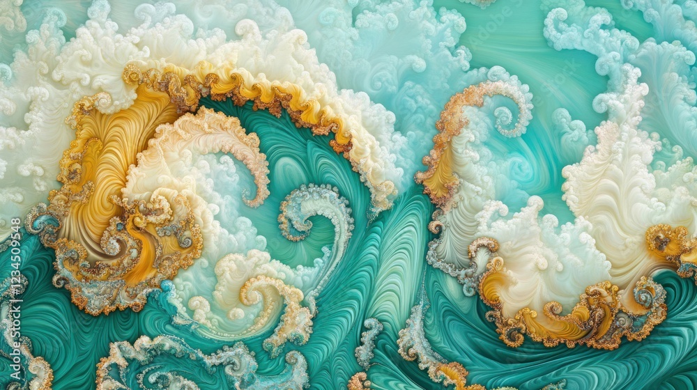 Fototapeta premium Abstract swirling teal and gold fractal art, digital ocean waves background, design texture
