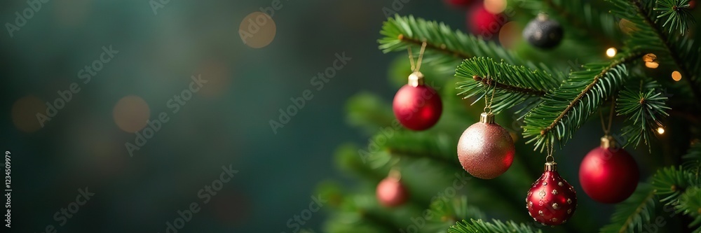 Obraz premium Branch of a small Christmas tree decorated with ceramic ornaments, holiday season, festive decorations