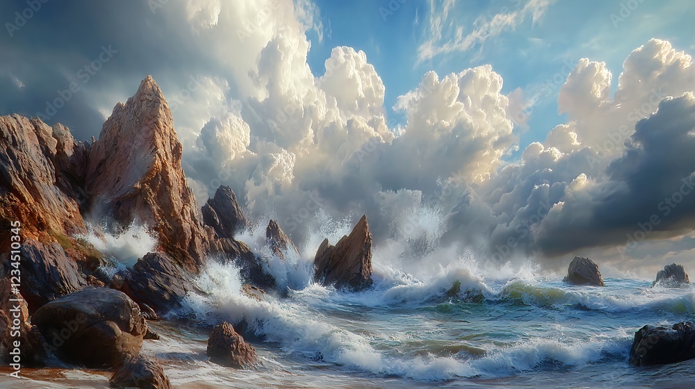 Fototapeta premium Dramatic Waves Crashing Against Jagged Rocks in Photorealistic Artistry