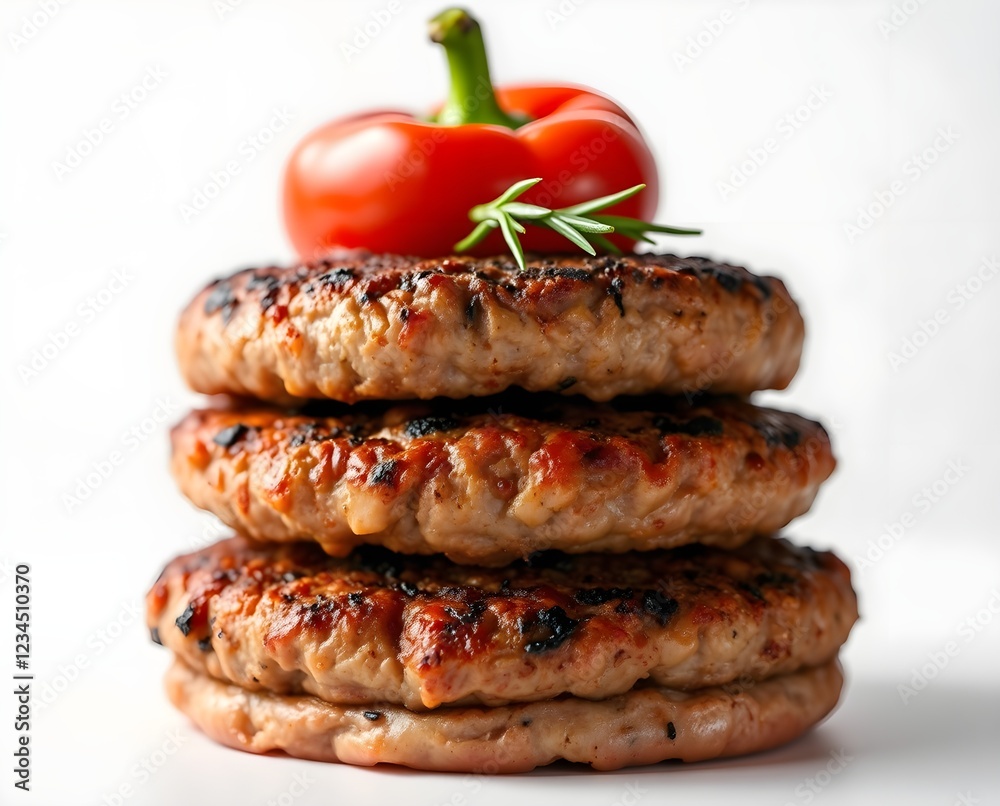 A delicious stacked burger with vibrant ingredients, floating against a white background, showcasing its layers of lettuce, tomato, cheese, and onions. A delicious stacked burger with vibrant ingredients, floating against a white background, showcasing its layers of lettuce, tomato, cheese, and onions.