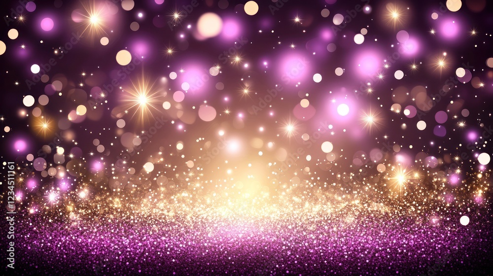Purple gold glitter bokeh background, sparkling lights, festive celebration, holiday backdrop Purple gold glitter bokeh background, sparkling lights, festive celebration, holiday backdrop