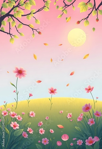 Pink Flowers Meadow Sunset Scene Peaceful Autumn Day photo