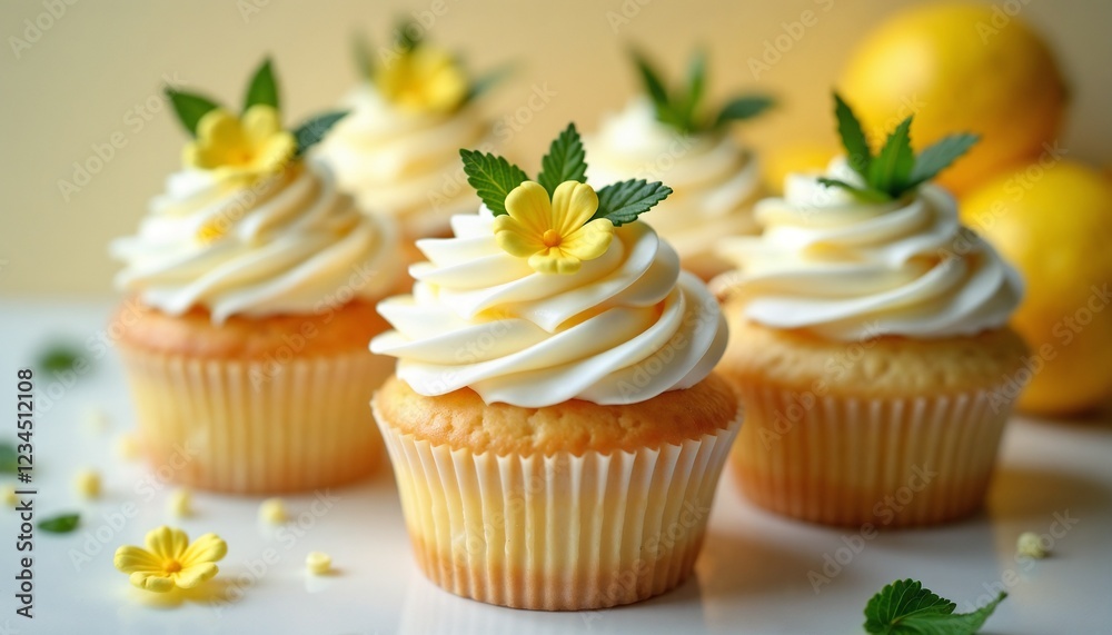 Lemon cupcakes topped with cream, flowers, and mint on a soft yellow background copy space Lemon cupcakes topped with cream, flowers, and mint on a soft yellow background copy space