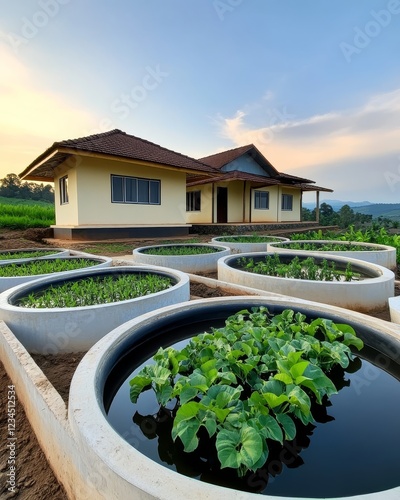A local community implementing rainwater harvesting systems to promote water conservation and sustainability. Innovative rainwater harvesting systems in residential neighborhood.