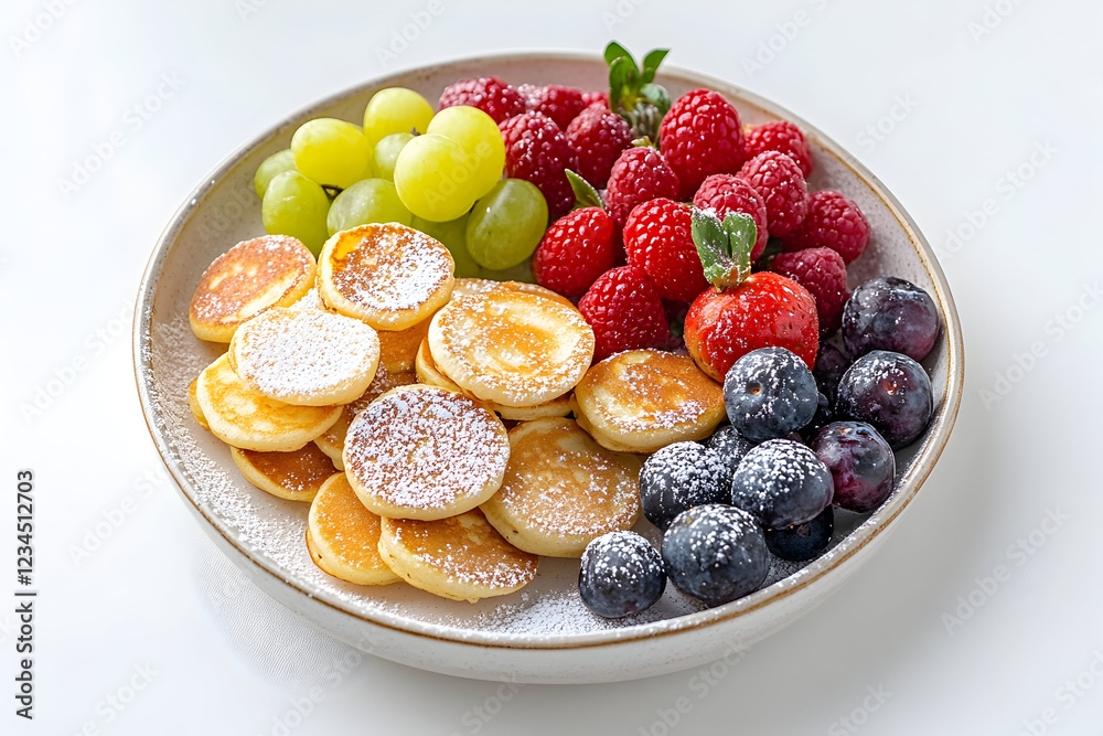 Mini Pancakes with Fresh Berries and Grapes Dusting of Powdered Sugar on a Plate Mini Pancakes with Fresh Berries and Grapes Dusting of Powdered Sugar on a Plate