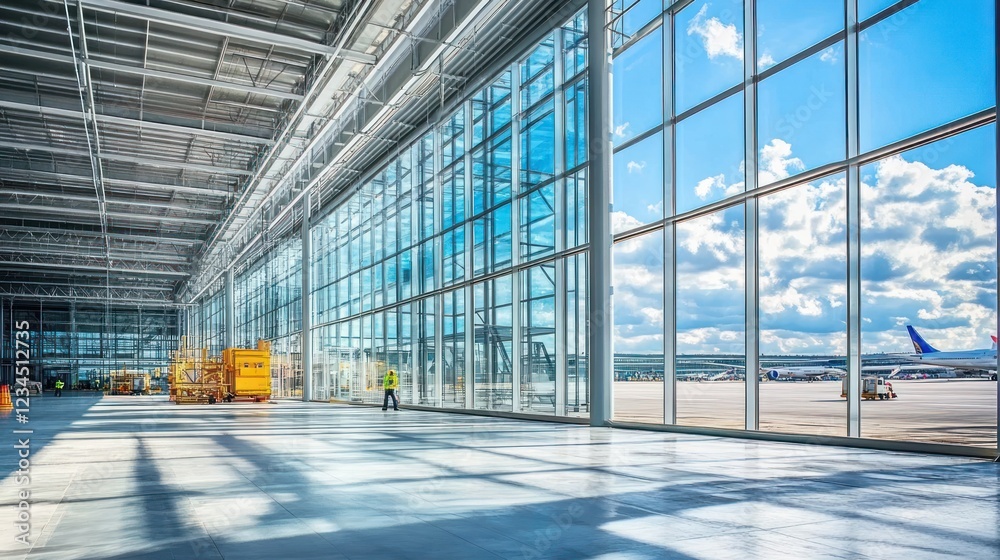 Airport hangar interior, worker, sunny day, aircraft, maintenance Airport hangar interior, worker, sunny day, aircraft, maintenance