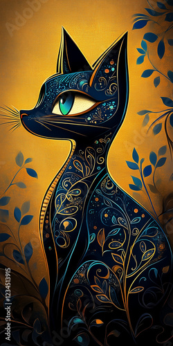 Cloisonne art reveals detailed craftsmanship of a stunning feline against a golden backdrop