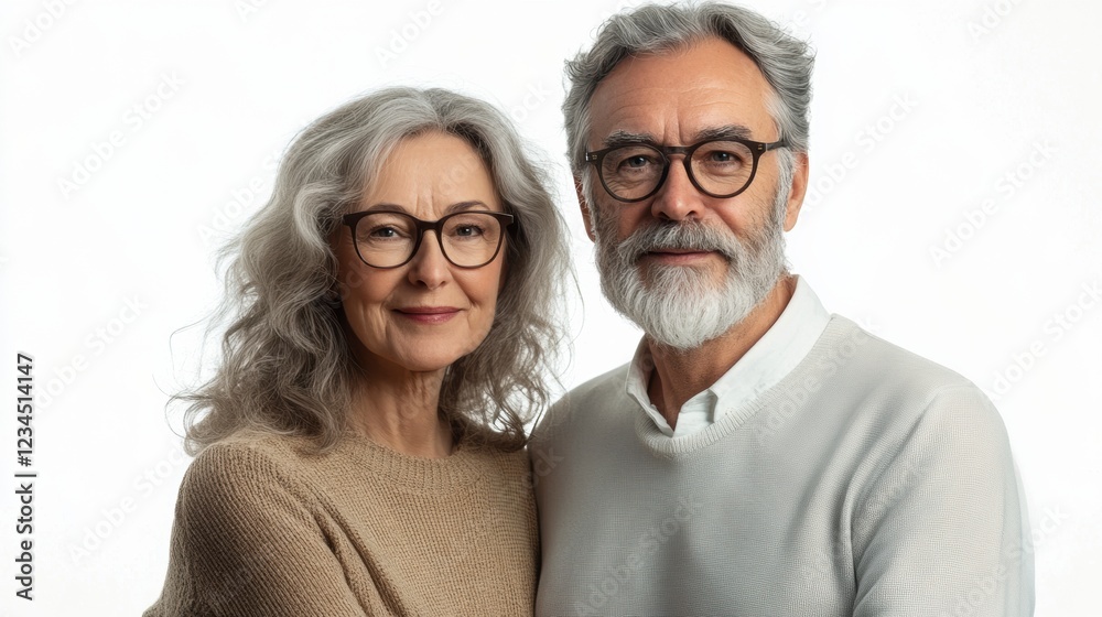 un couple de plus de 50 ans, debout devant un fond blanc un couple de plus de 50 ans, debout devant un fond blanc