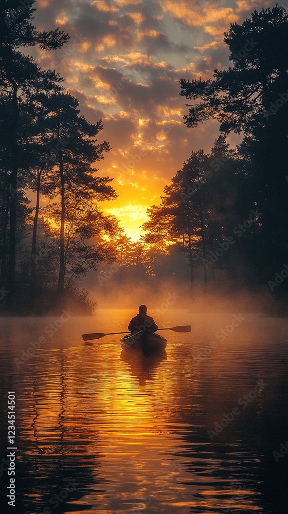 Person paddles kayak on lake at sunrise, forested shore, mist Person paddles kayak on lake at sunrise, forested shore, mist
