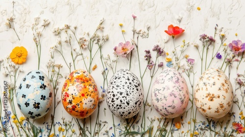 At the bottom of the image are five eggs with free space on top of image for text, creative flower black pattern on pastel colors eggs, white background photo