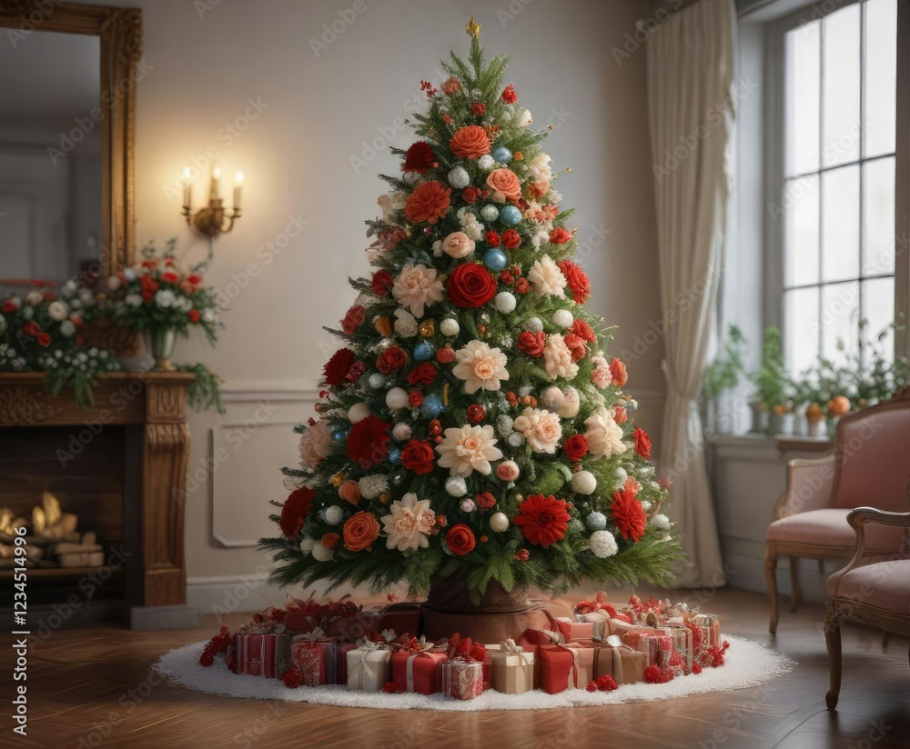 Flower-adorned Christmas tree with floral arrangements, foliage, fragrant flowers, floral tree Flower-adorned Christmas tree with floral arrangements, foliage, fragrant flowers, floral tree