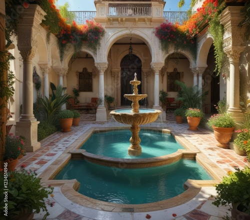 Floral patios and ornate fountains in Andalusian gardens , water features, courtyard garden, Spanish architecture