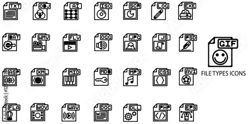 File type simple concept 40 icons set. Contains such EPS, PDF, PSD, AI, XL, PPT, EXE etc. Vector illustration.