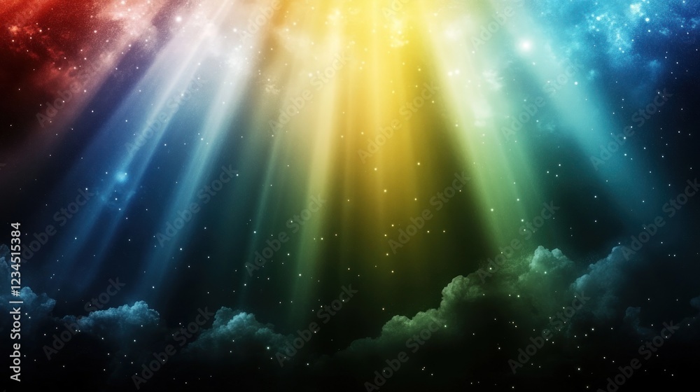 Celestial light beams, night sky, colorful clouds, cosmic background, spiritual design Celestial light beams, night sky, colorful clouds, cosmic background, spiritual design