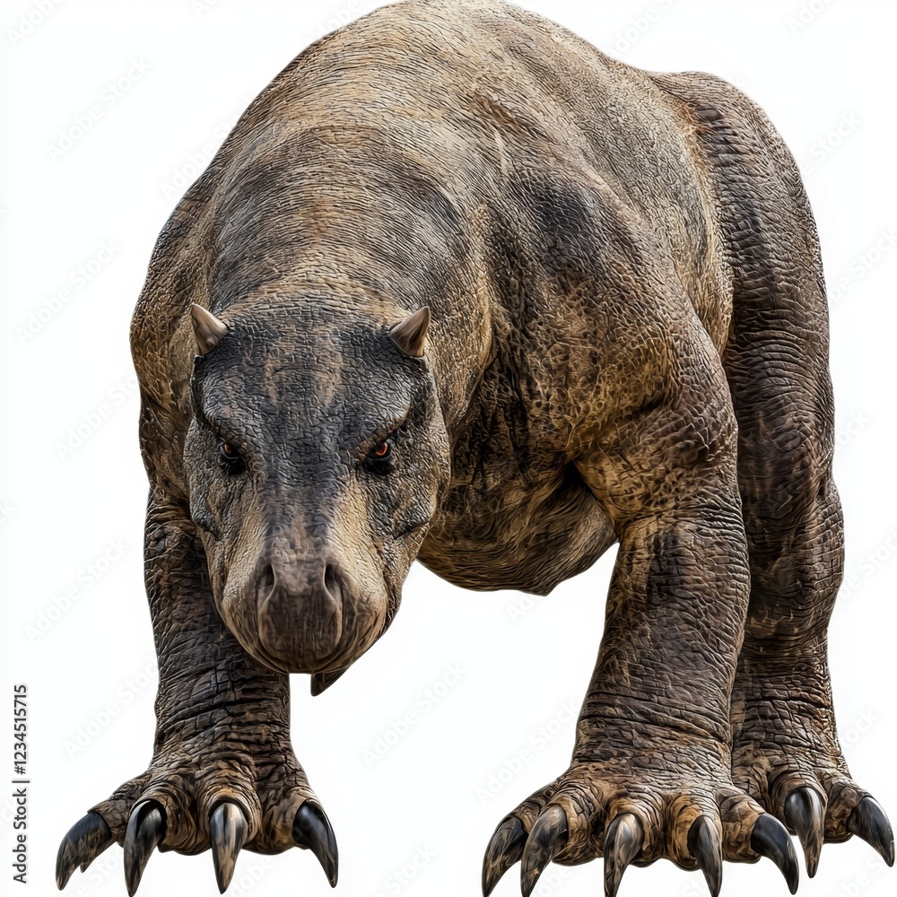 Naklejka premium Realistic prehistoric creature resembling a giant mammal with detailed textures and vivid colors on a white background