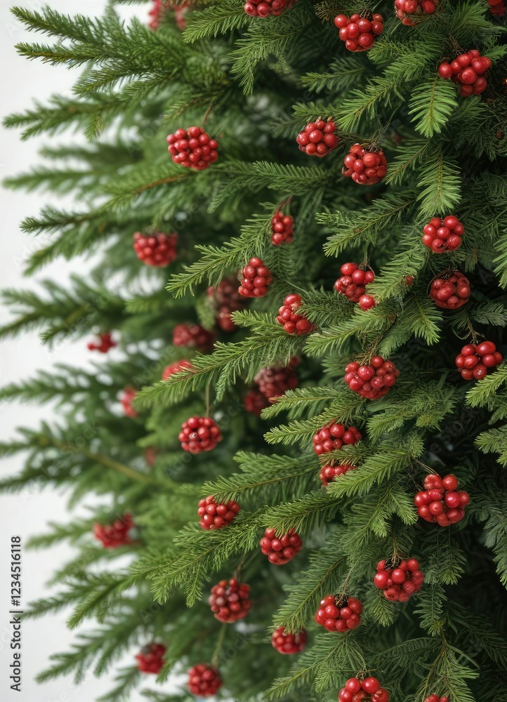 Freshly cut evergreen Christmas tree with red berries and branches on a crisp white background, merry and bright, holly berries Freshly cut evergreen Christmas tree with red berries and branches on a crisp white background, merry and bright, holly berries