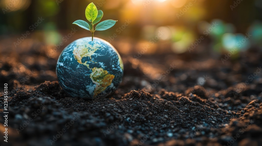 Earth model sprouting new life in fertile soil at sunrise Earth model sprouting new life in fertile soil at sunrise