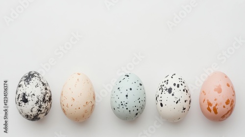 At the bottom of the image are five eggs with free space on top of image for text, creative flower black pattern on pastel colors eggs, white background photo