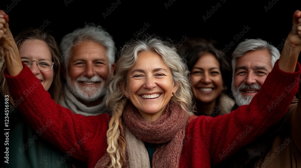 Five people of different ages are posing for a photo in a dark setting and are raising their hands Five people of different ages are posing for a photo in a dark setting and are raising their hands