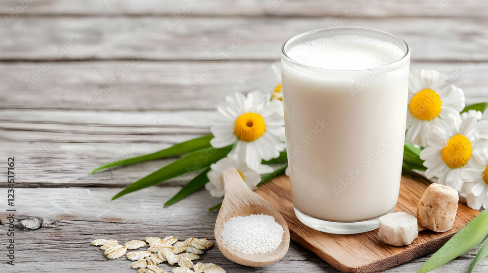 Oat milk drink with chamomile, sugar, and oats. Healthy breakfast