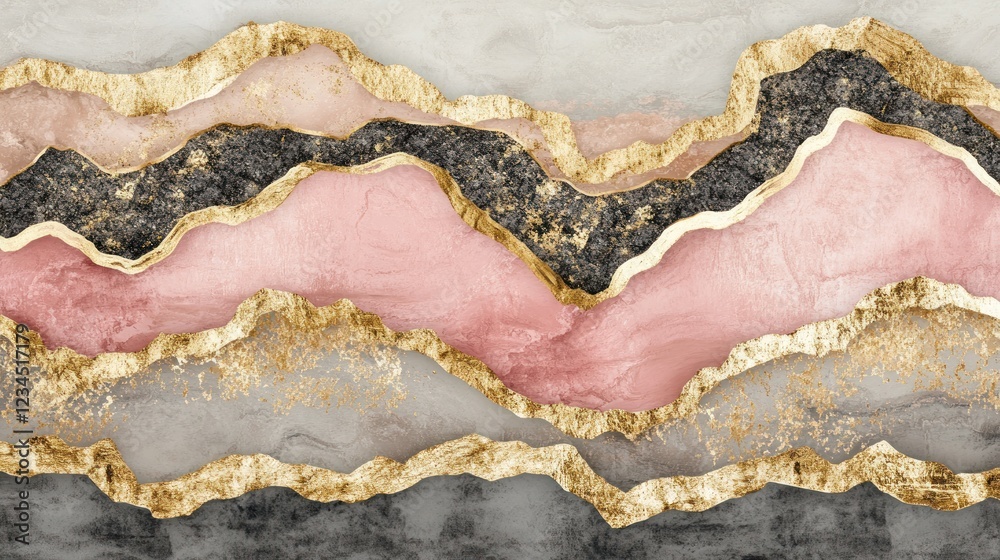 Fototapeta premium Gold-edged pink, gray, black marble landscape; abstract art; wall decor
