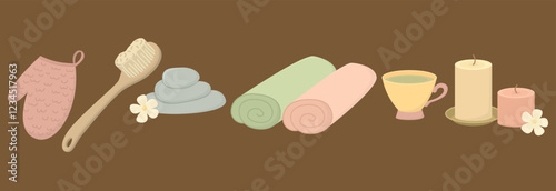 Accessories for spa and home relaxation. Set isolated on brown background
