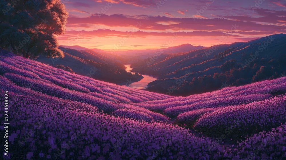 Naklejka premium Serene Lavender Fields at Sunset Overlooking a River