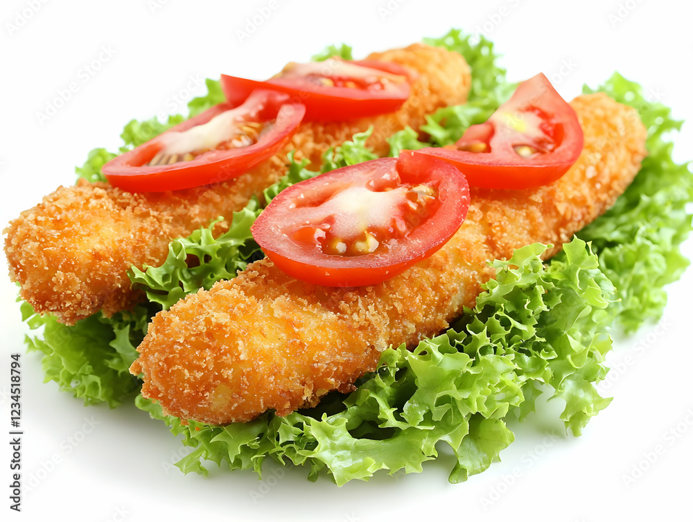 Crispy fried fish sticks with tomato and lettuce. Food photography for menu or cookbook Crispy fried fish sticks with tomato and lettuce. Food photography for menu or cookbook