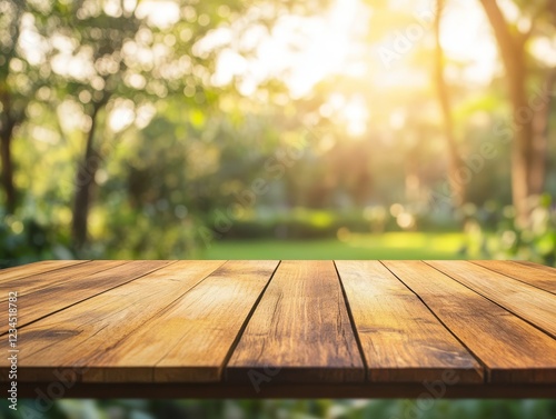 Empty wooden table against blurred sunny park background.