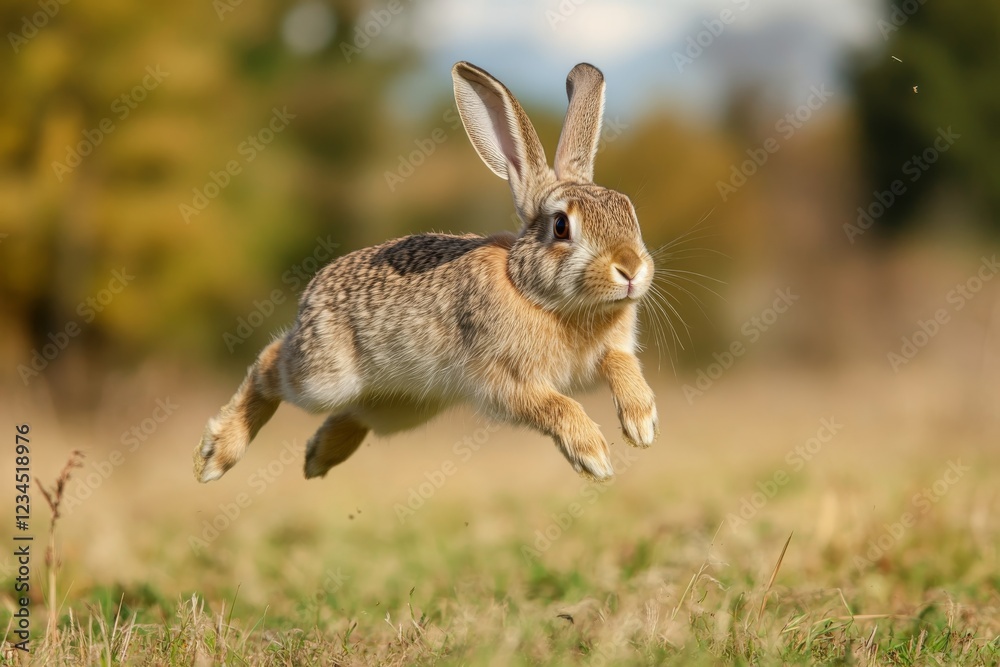 Fototapeta premium Cute rabbit jumping happily in an open field. Rabbit running through nature and soft light in blurred background.