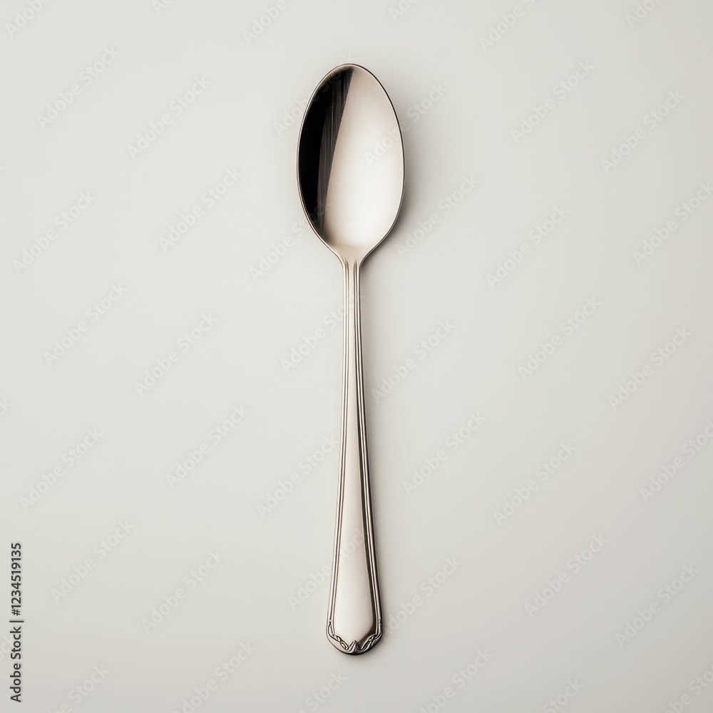 A shiny, silver spoon is centered against a light background, showcasing its elegant design and smooth surface. A shiny, silver spoon is centered against a light background, showcasing its elegant design and smooth surface.