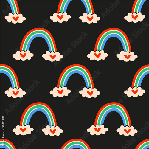 A Colorful Rainbow Pattern Featuring Joyful Hearts and Soft Clouds in a Bright Design