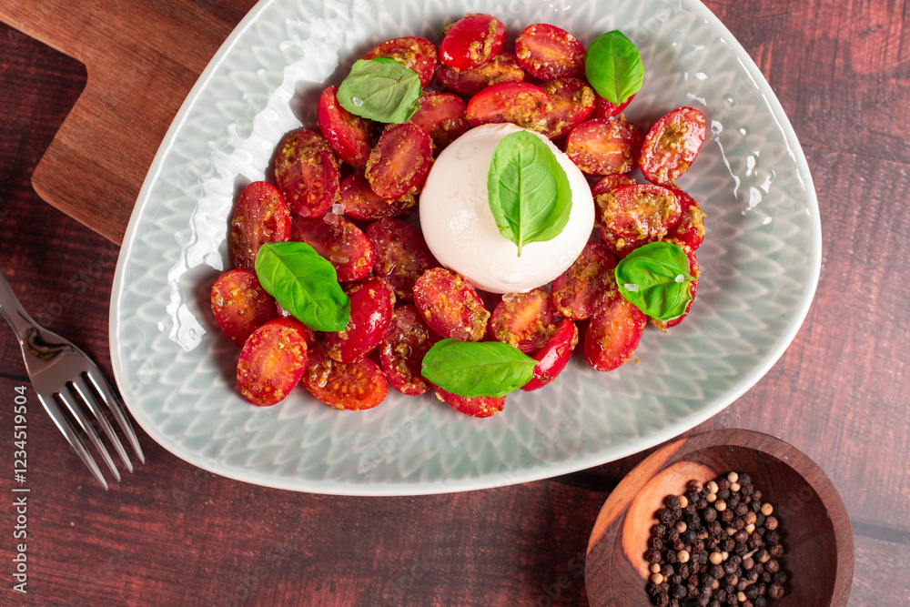 Farmer Italian soft cheese mozzarella served with fresh basil and red cherry tomatoes Farmer Italian soft cheese mozzarella served with fresh basil and red cherry tomatoes