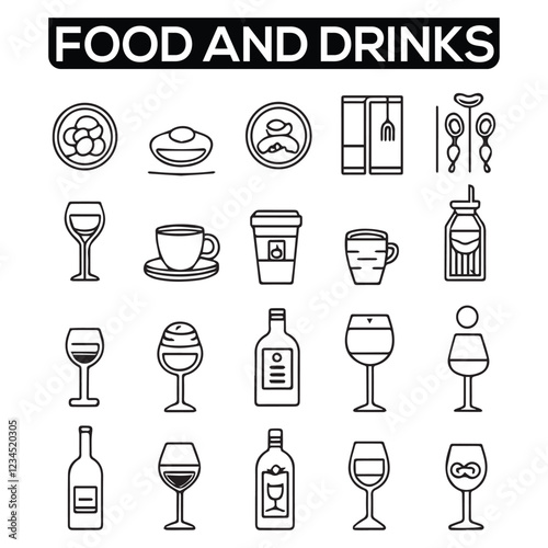 Food and Drink - Thin line vector icon set. Pixel perfect. Editable stroke. For Mobile and Web. The set contains icons: Food, Restaurant, Food and Drink, Drink, Coffee - Drink, Coffee Cup, Breakfast, 