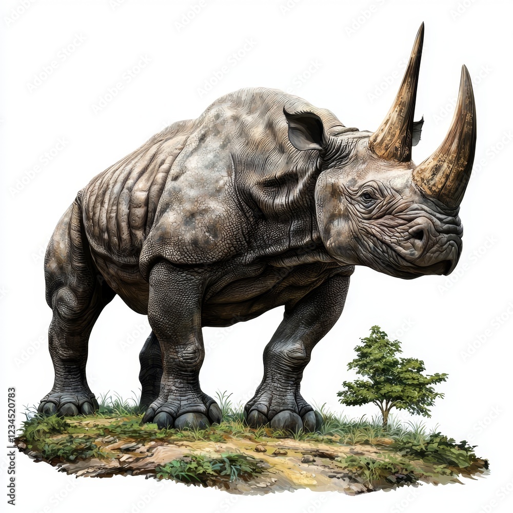 Fototapeta premium Detailed and Realistic Illustration of a Majestic Rhinoceros in Natural Habitat with Lush Greenery