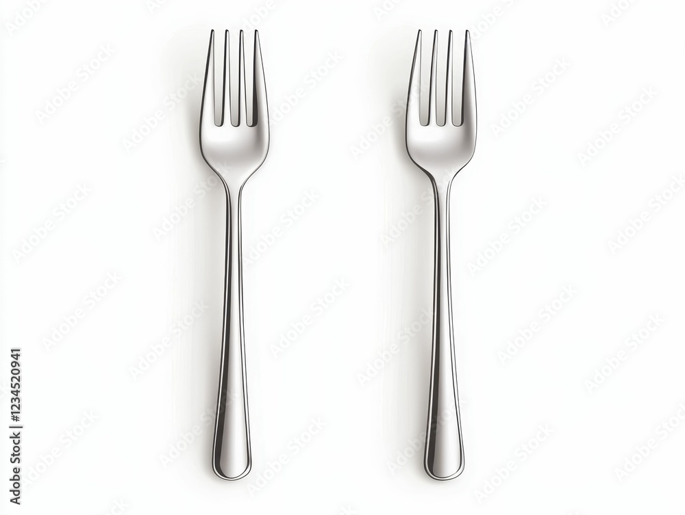 Two shiny stainless steel forks are displayed side by side, showcasing their sleek design and polished finish. Two shiny stainless steel forks are displayed side by side, showcasing their sleek design and polished finish.