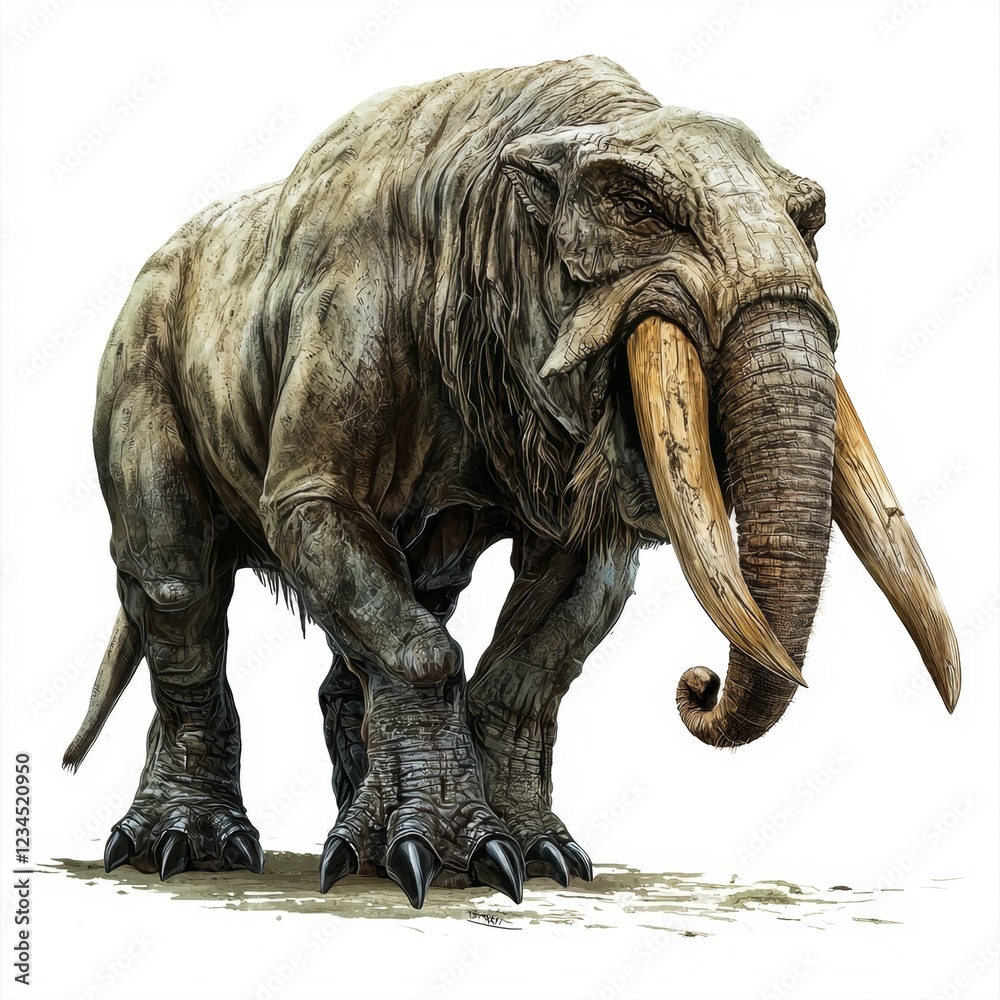 Fototapeta premium Majestic prehistoric elephant-like creature with large tusks showcasing rugged texture and powerful stance in natural setting
