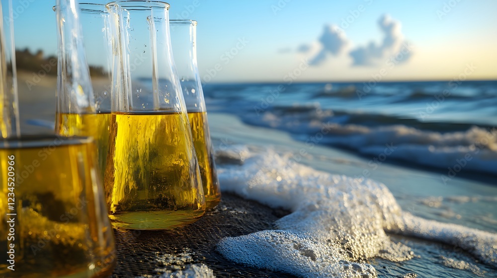 Obraz premium Water Quality Test Station on Beach with Environmental Tools at Sunset