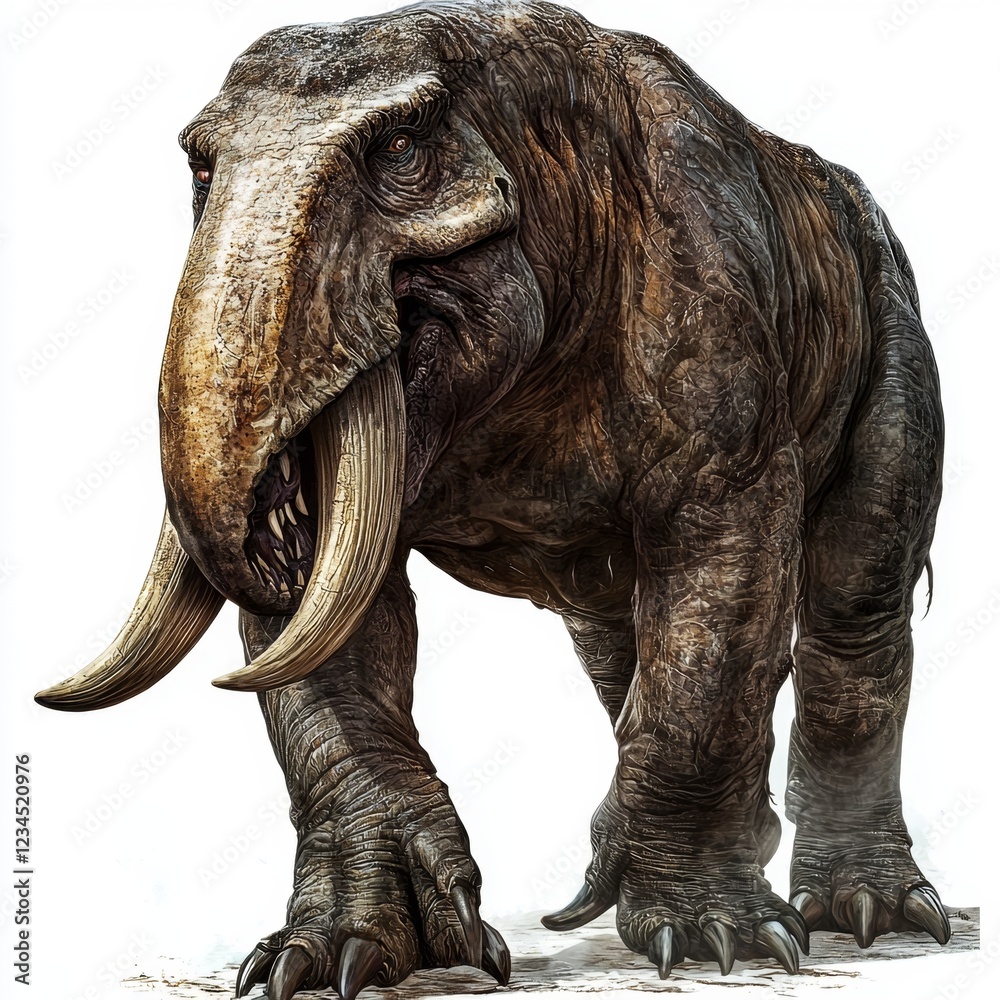 Fototapeta premium Elephant-like creature with oversized tusks and rugged skin walking through a misty landscape in a beautifully rendered digital artwork