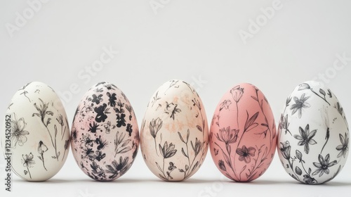 At the bottom of the image are five eggs with free space on top of image for text, creative flower black pattern on pastel colors eggs, white background photo