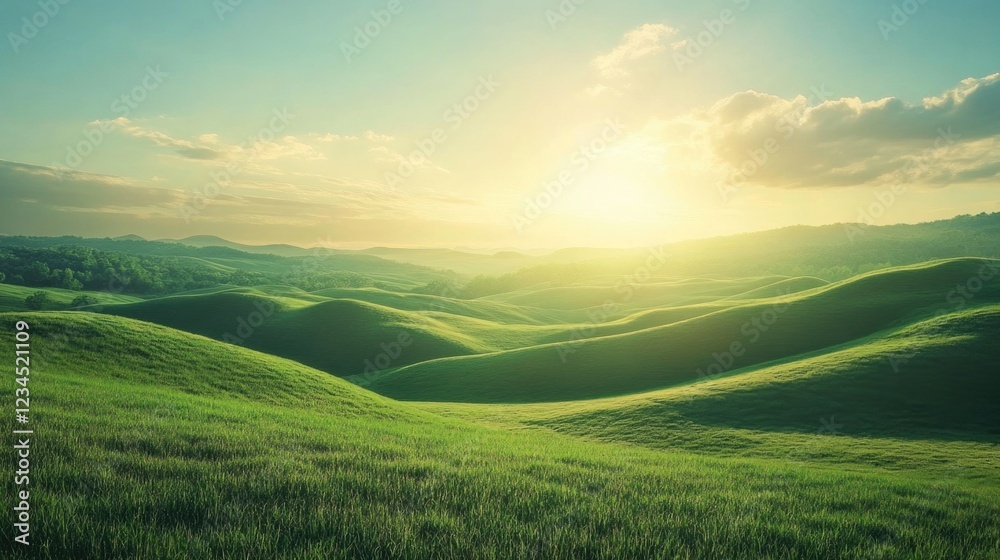 Fototapeta premium Green rolling hills with sunlight